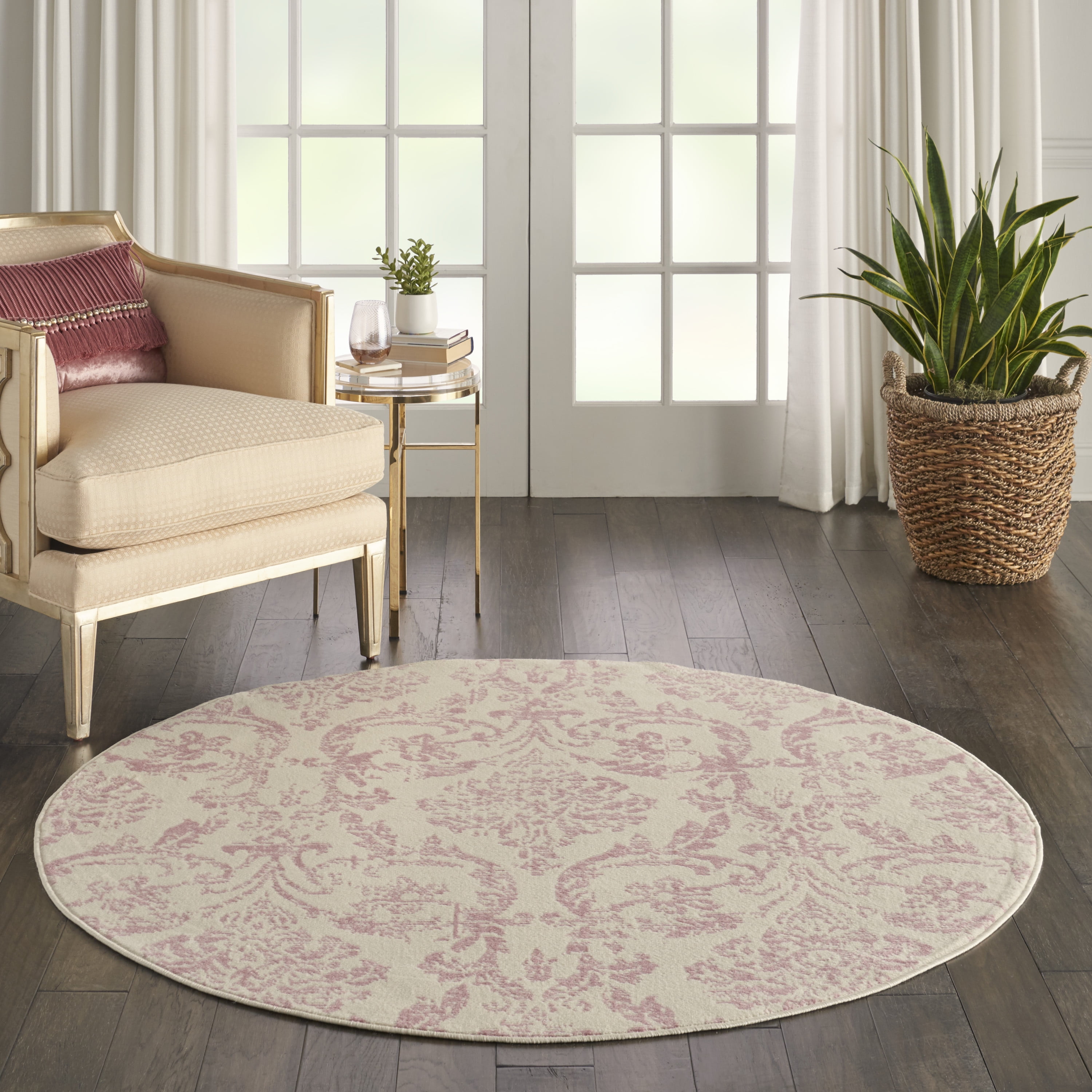Nourison Jubilant Distressed Damask Ivory/Pink 5'3" x ROUND Area Rug