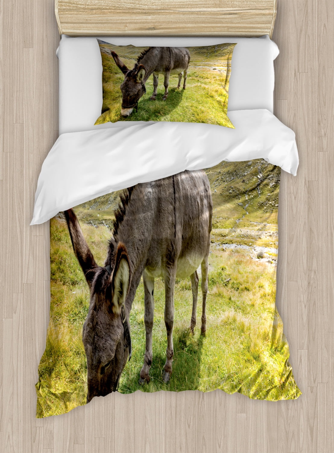 Donkey Duvet Cover Set Twin Size, Cute Donkey Eating Grass in Mountain