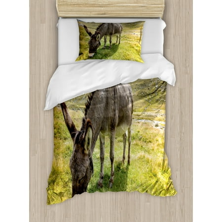 Donkey Duvet Cover Set Twin Size, Cute Donkey Eating Grass in Mountain Landscape Rural Pasture Area Summer Nature, Decorative 2 Piece Bedding Set with 1 Pillow Sham, Multicolor, by