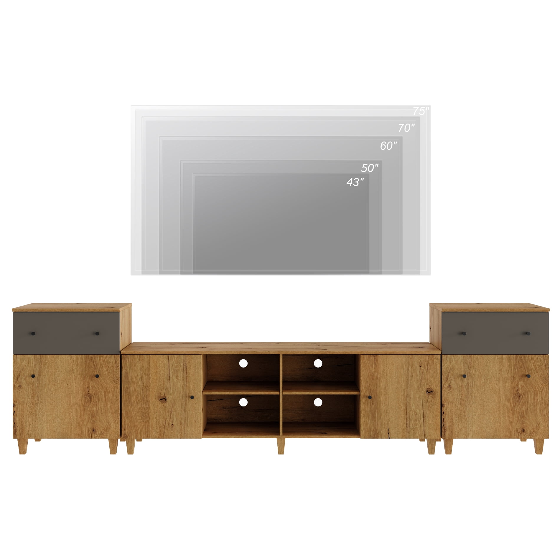 WAMPAT 3-in-1 TV Stand with Cabinets and Drawers, Modern Wood Entertainment Center Media Console for 75+ inch TVs, Oak Brown