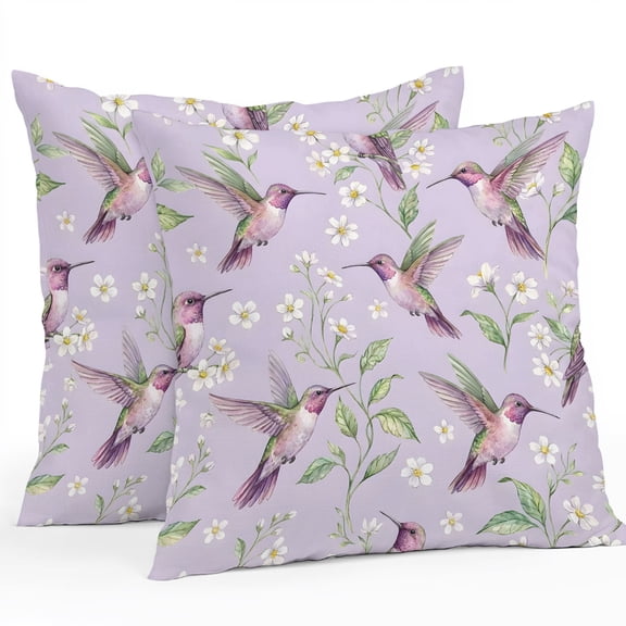 Throw Pillow Covers 16x16 Inch Set of 2, Daisy Flowers Waterproof Outdoor Pillow Covers, Rustic Birds Floral Leaves Country Plants Purple Decorative Cushion Pillowcases for Patio Garden Couch Bed