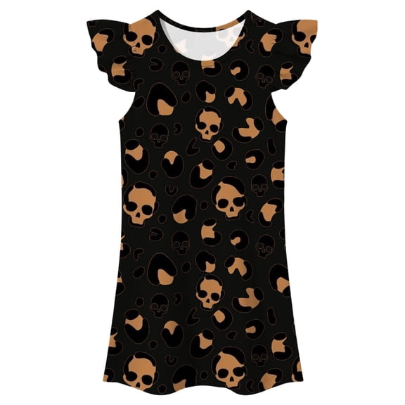 FYDUU Kids Halloween Dresses Girls Nightgowns Flutter Sleeve Cartoon Print Pajamas Dress Casual Nightgown Soft Princess Nightdress Sleepwear 3-4 Years