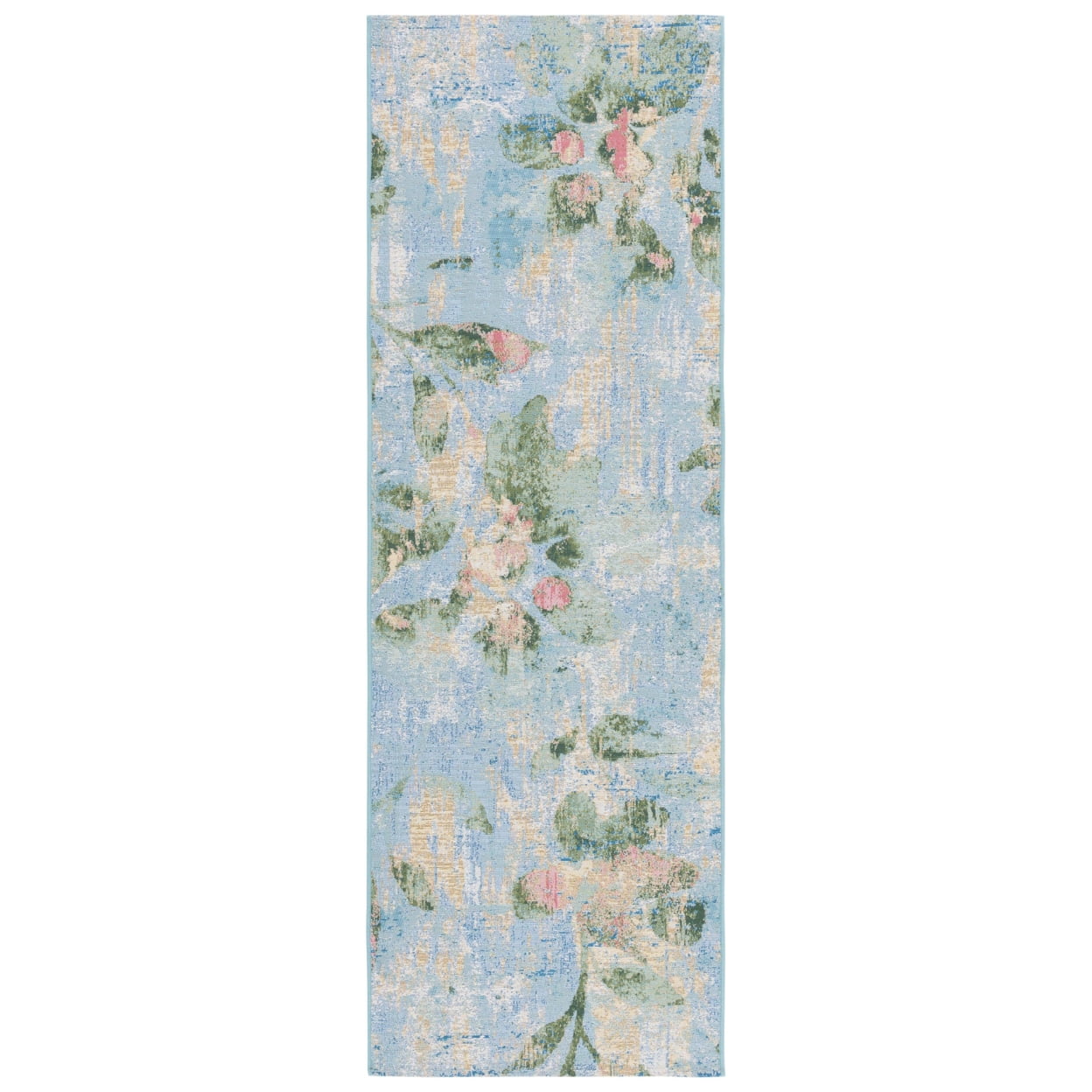 SAFAVIEH Barbados Cedric Floral Indoor/Outdoor Runner Rug, Light Blue/Green, 2'8" x 8'