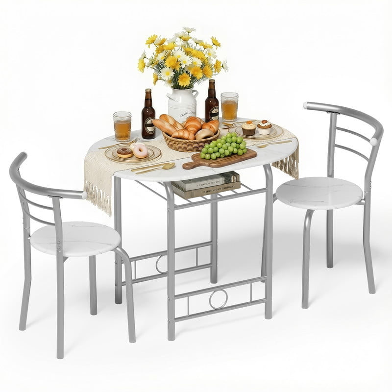 Vineego 3-Piece Dining Set for 2,Small Space Saving Kitchen Breakfast Table and 2 Wooden Chairs,White