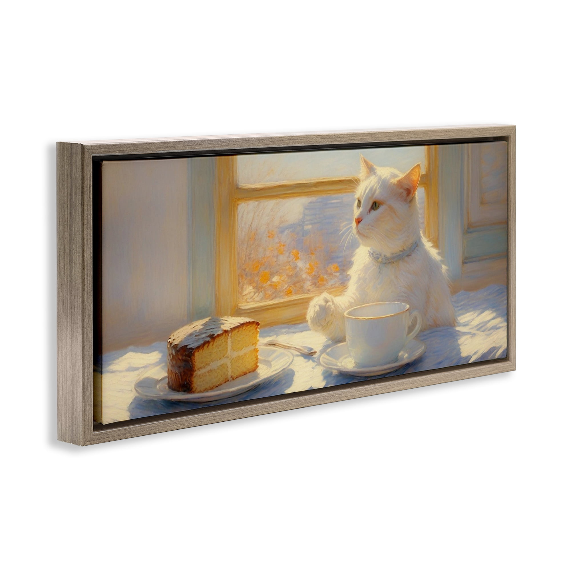 Stupell Industries Sunlit Tea Party Cat Brown Framed Floater Canvas Wall Art, design by Angie Hawke