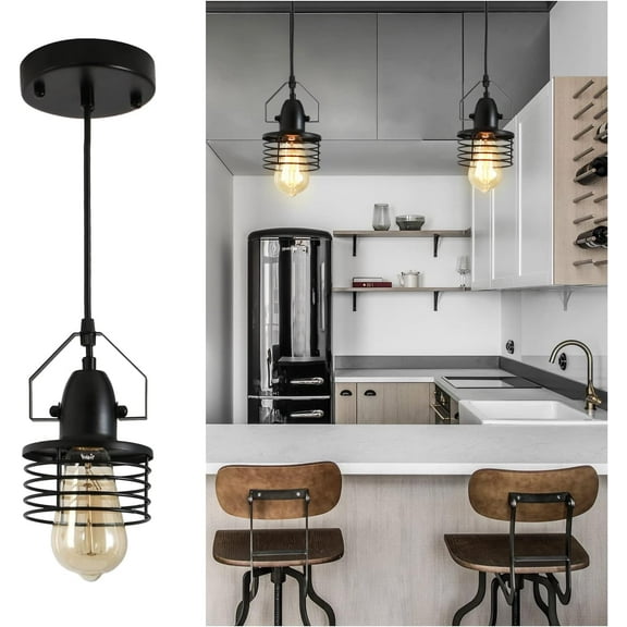 Industrial Black Metal Cage Pendant Light 1-Light  Spring Shade Hanging Lamp for Farmhouse Kitchen Island, Modern Rustic Bedroom Dining Room Entryway Lighting, Adjustable 59in Cord Indoor Decor