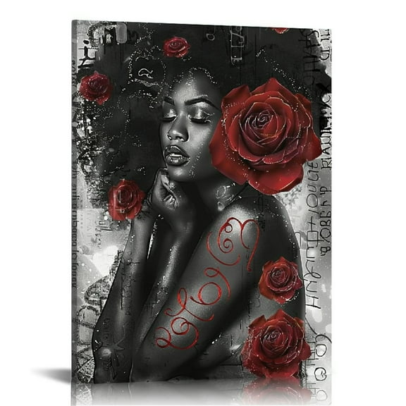 PRATYUS African American Canvas Wall Art Black Girl Fashion Print Abstract Black Art Picture Women Rose Wall Decor Painting Framed Modern Artwork for Bedroom Bathroom  Home Decor