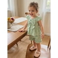 thumbnail image 6 of Loicainy Toddler Baby Girl Summer Outfits 6 12 18 24 Months 2T 3T 4T Plaid Bowknot Front Fly Sleeve Crew Neck Tops Elastic Waist Shorts 2Pcs Clothes Set, 6 of 9