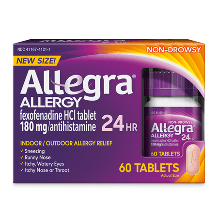 Allegra 180mg Adult 24-Hour Allergy Tablets  60 ct. For your worst allergy symptoms  nothing works faster or stronger* than Allegra 24-Hour Adult Non-Drowsy Antihistamine Gelcaps. Allegra Gelcaps start working in one hour to give you round-the-clock relief from sneezing  runny nose  itchy and watery eyes  and itchy nose or throat. One pill is all you need for 24-hour relief. Formulated with active ingredient fexofenadine  Allegra Non-Drowsy Allergy Medicine provides powerful relief from indoor and outdoor allergies  including seasonal allergies and pet allergies. Be ready for spring allergies  fall allergies  dog allergies and more. Stock up on Allegra 24-Hour Non-Drowsy Gelcaps for fast*  effective allergy relief. * Starts working in one hour; applies to first dose only. Among single-ingredient branded OTC oral antihistamines. INCLUDES: One (1) 60-count bottle of Allegra Adult Non-Drowsy Antihistamine Tablets for 24-Hour Allergy Relief 24-HOUR RELIEF: One pill is all you need for round-the-clock relief from your worst allergy symptoms FAST-ACTING: Allegra 24-Hour Allergy starts working in one hour for fast* relief from sneezing  runny nose  itchy and watery eyes  and itchy nose or throat NON-DROWSY: Formulated with active ingredient fexofenadine  a non-drowsy antihistamine INDOOR & OUTDOOR ALLERGIES: Use Allegra tablets for indoor and outdoor allergies  including seasonal allergies and pet allergies