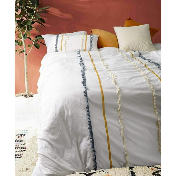Flber Boho Duvet Cover Queen Cotton Bedding White Comforter,86"Wx90"L