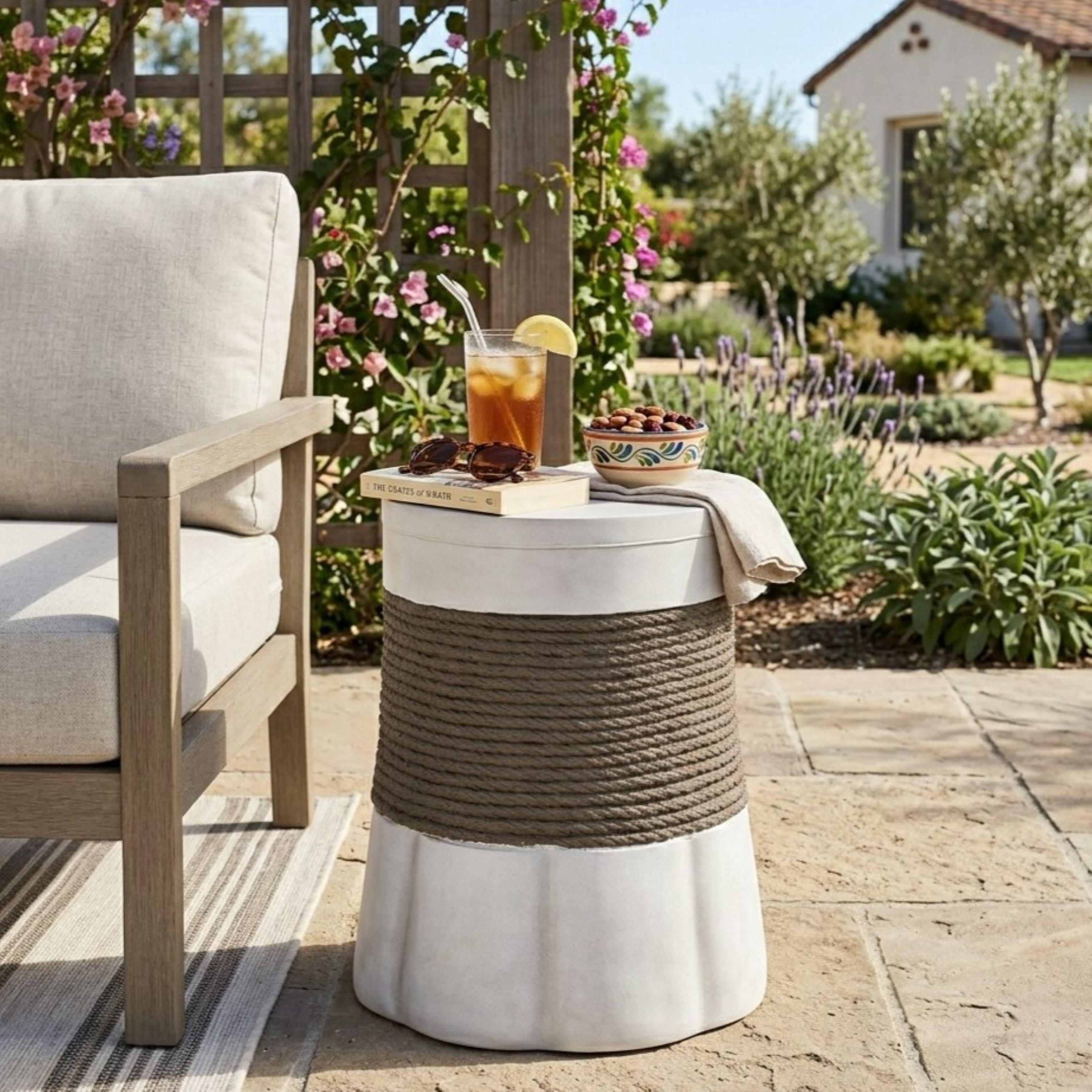 Mintazer Woven Rope Fan Base MGO Round Side Table, Weatherproof Indoor Outdoor Cylindrical Accent End Table for Patio Balcony Living Room