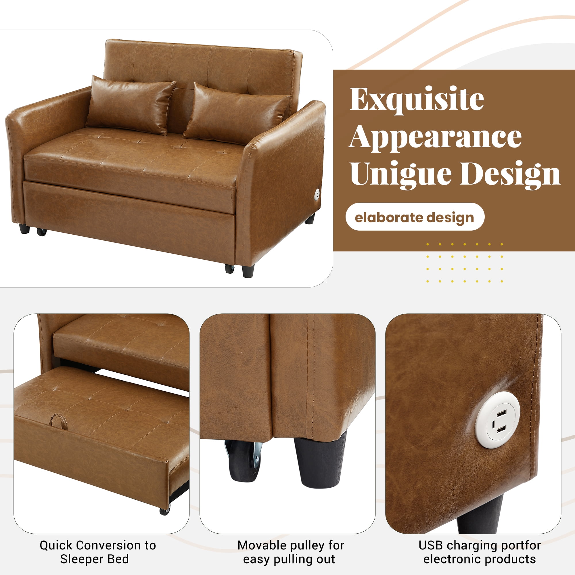 Euroco 51.57" Convertible Sleeper Bed, Adjustable Oversized Armchair with Three USB Ports for Small Space, Brown