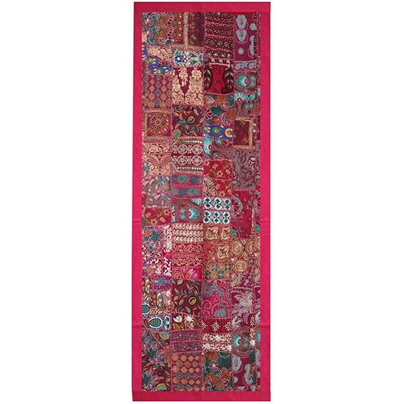 Rastogi Handicrafts Indian Handmade Embroidered Patchwork Old Hanging Wall Art Vintage Tapestry Old Sari Cutting Wall Hanging Parda (Maroon, 20 X 60)