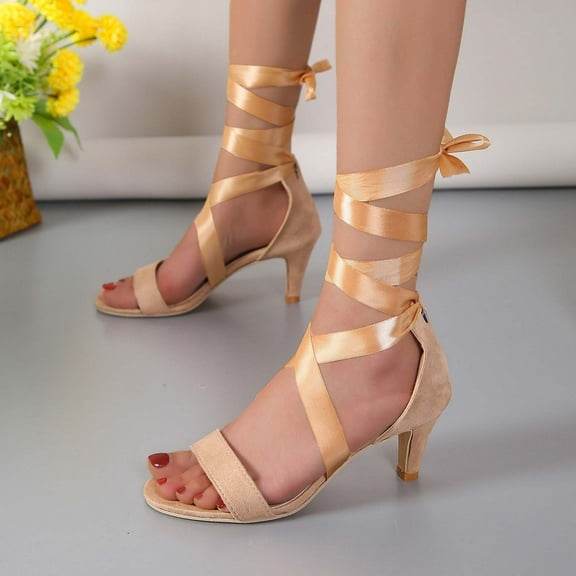 AXXD Women Beige Sandals Clearance Strappy Sandals Summer Casual Peep Toe Sandals Tie Solid Color Flock High Heel Shoes