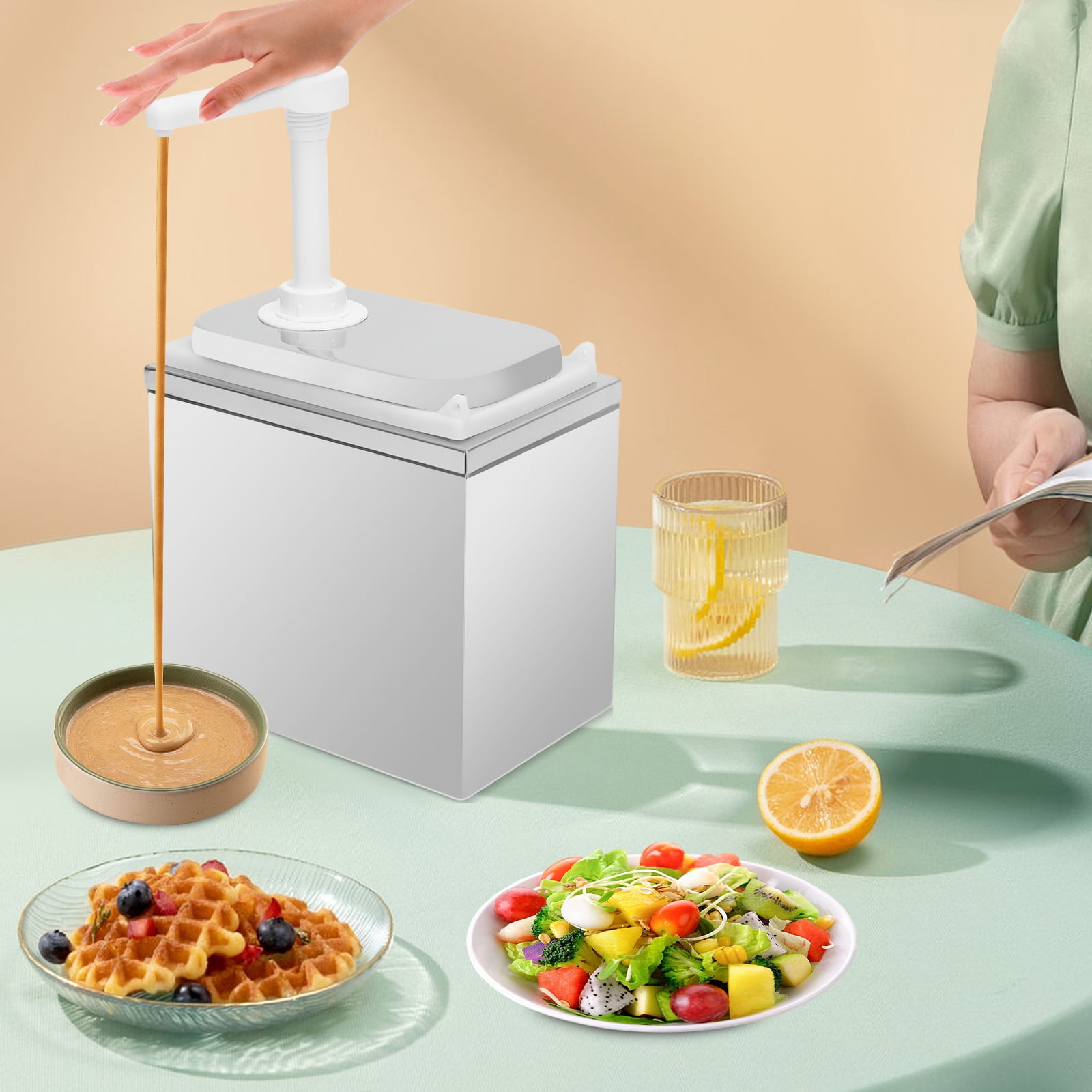Sauce Pump Dispenser,2.11QT Stainless Steel Squeeze Ketchup Dispenser Pump with Inside Box, Syrup Station Container for Home Kitchen Hotel Coffee Shop