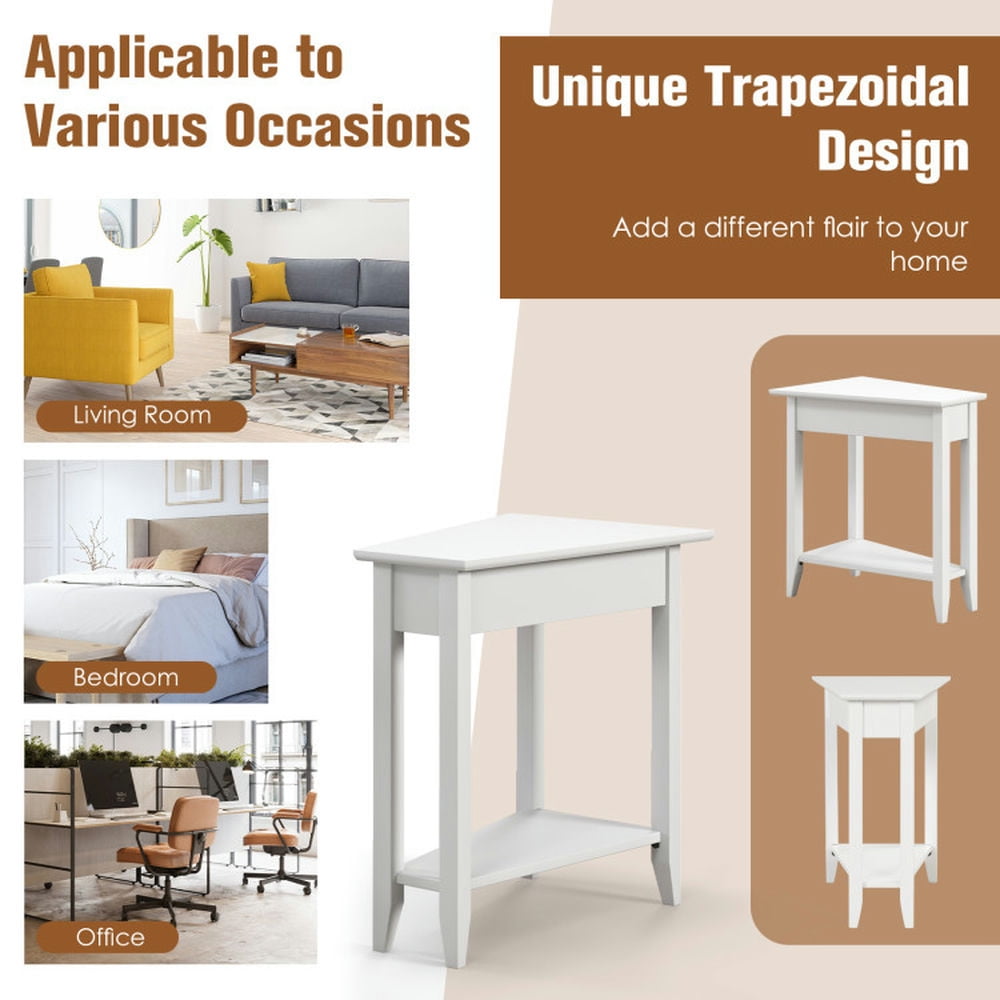 Finihen End Table, 2-Tier Wedge Narrow End Table with Storage Shelf and Solid Wood Legs, Sofa Side Table, Bed Side Table, for Living Room, Bedroom, White Finihen End Table, 2-Tier Wedge Narrow End Table with Storage Shelf and Solid Wood Legs, Sofa Side Table, Bed Side Table, for Living Room, Bedroom, White