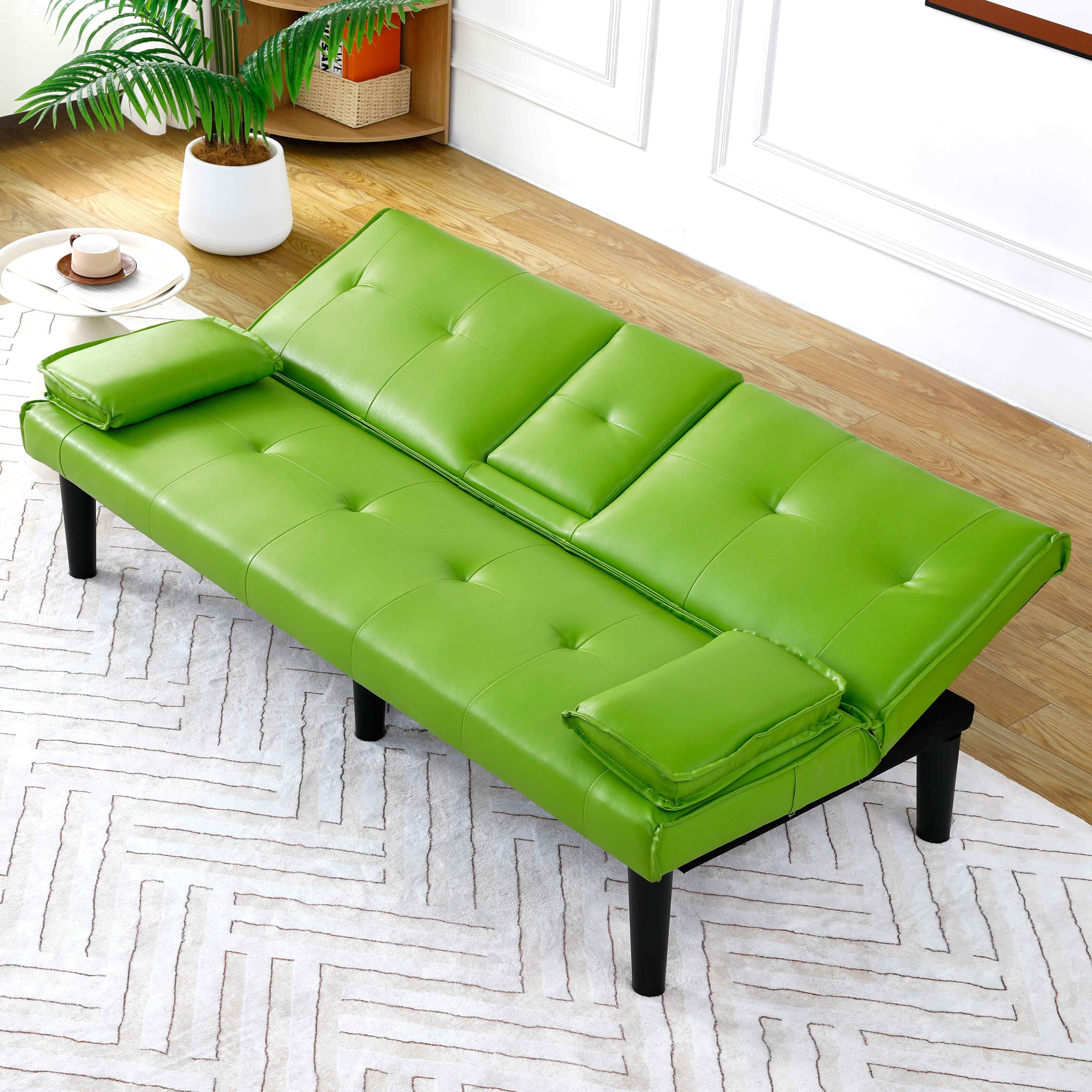 FFH 67" Futon Sofa Bed Loveseat Sleeper with Cup Holders, Folding PVC Couch for Living Room, Green