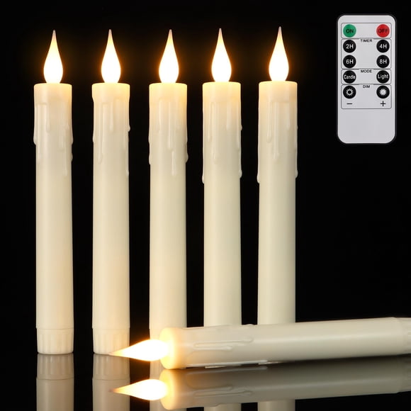 Velas cónicas LED sin llama Daord, 6 unidades, temporizador remoto, color marfil