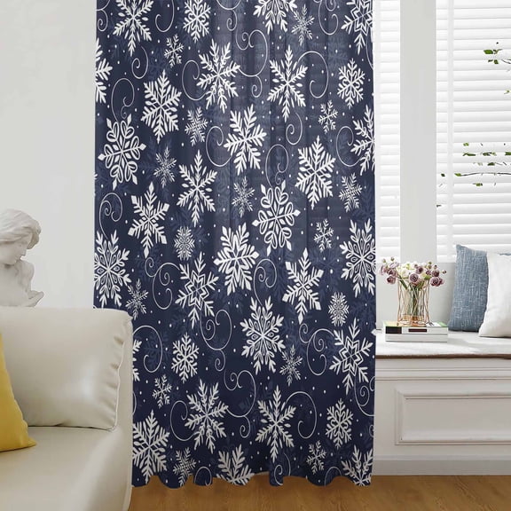 Navy Blue Snowflake Christmas Semi Sheer Curtains Drapes for Living Room, Bedroom, French Doors Window 108 Inches Long, Xmas White Snowflake Rod Pocket Chiffon Curtain Drapery Voile Draperies Panel