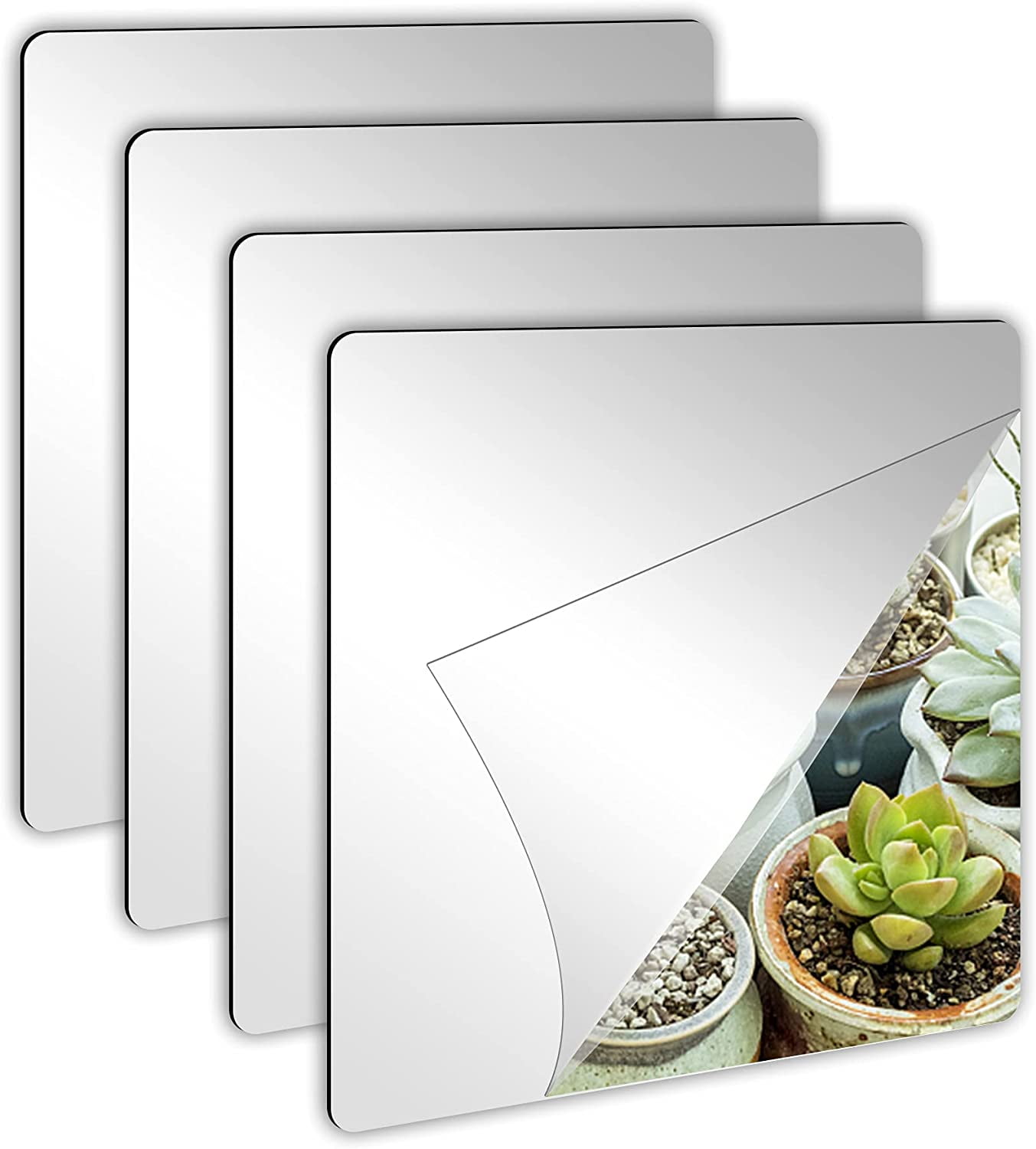 JANYUN 4 Pack Self Adhesive Acrylic Mirror 8 x 8 inch Flexible Tiles Small Mirrors Sheets Wall Stickers