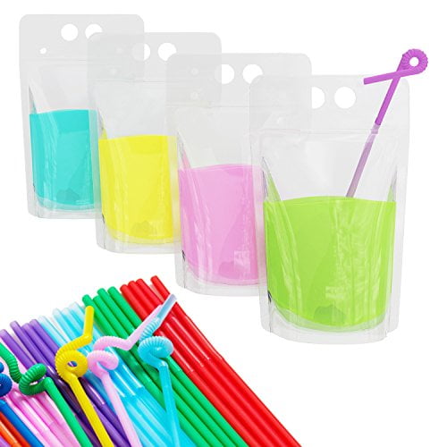 100Pcs Clear Resealable Drink Pouches and Straws Heavy Duty Juice Smoothie Bag Hand-Held Translucent Zipper Pouches 