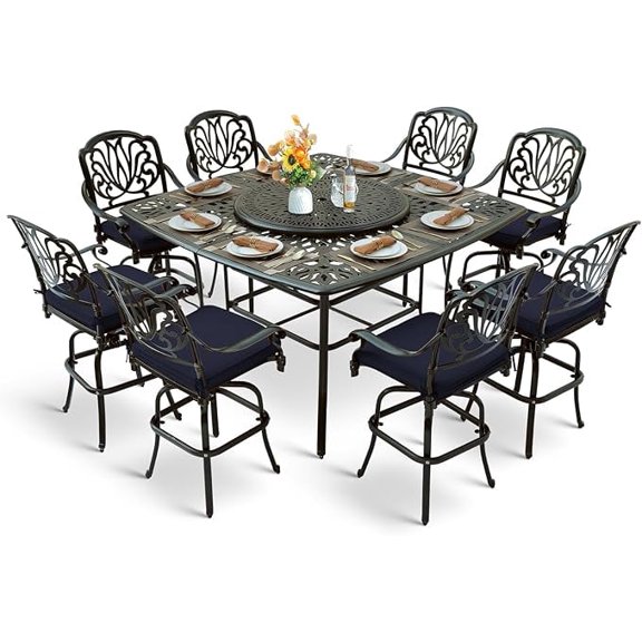 MEETWARM 10-Piece Outdoor High Patio Dining Set, Free-Rust Cast Aluminum Patio Bar Table and Chairs Set, Includes 8 Swivel Bar Stools & 64" Bar Height Dining Table W/ 35.4" Lazy Susan, Umbrella Hole