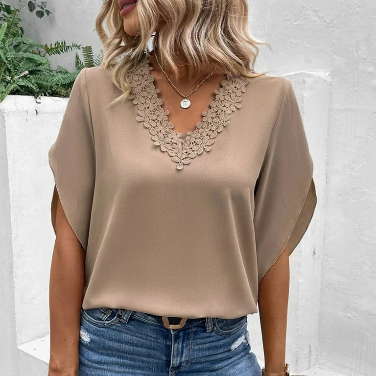 MIARHB Women's Clothes Solid Color Casual Lace V-Neck Bell Sleeve Loose  Blouse Work Tops dresses for women 2023 Light Brown M