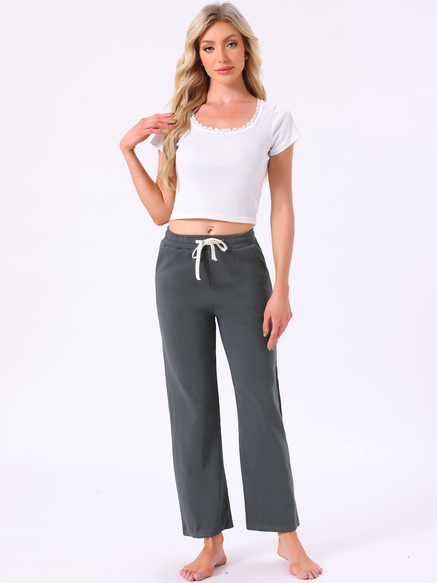 DARING DIVA Women's Cotton Straight Elastic Waist Drawstring Lounge Pants S Deep Gray