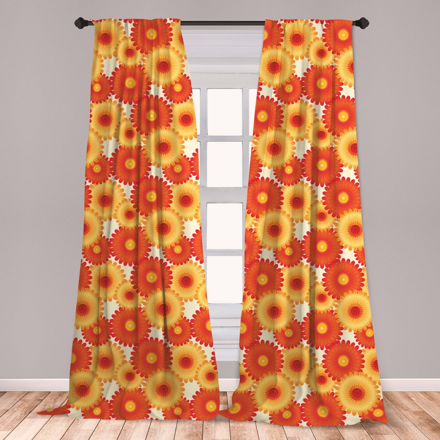 Orange Curtains 2 Panels Set, Gerbera Flowers Petals in Graphic Style