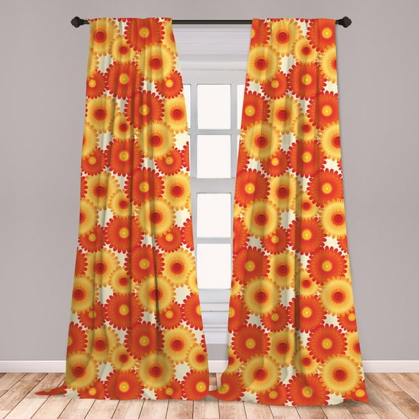 Orange Curtains 2 Panels Set, Gerbera Flowers Petals in Graphic Style