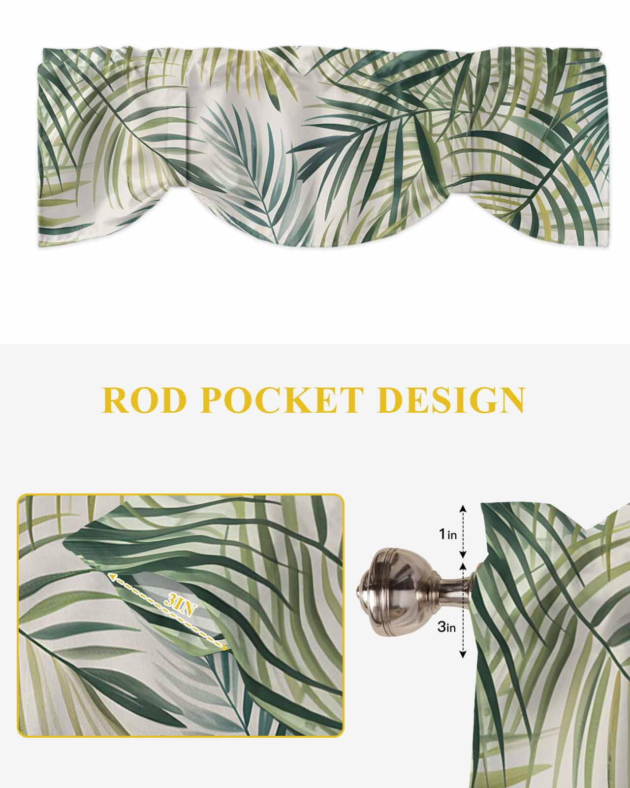 Tropical Plant Tie Up Valances Curtain, Adjustable Kitchen Green Leaf Valances for Windows Decor, Rod Pocket Short Curtains Set for Bedroom/Bathroom, 54"x18"