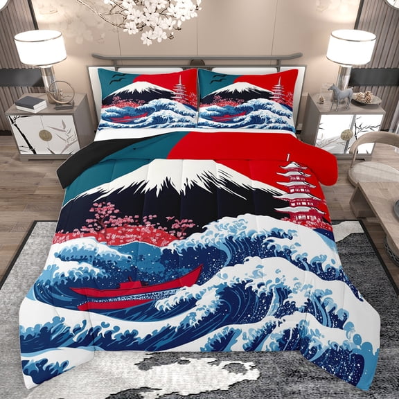 jejeloiu Japanese Wave Bedding Comforter Set,Vintage Architecture Twin Comforter Sets,Pink Cherry Flowers Bedding Set For Girls Boys,Microfiber Bedroom Decor Reversible,2-Piece