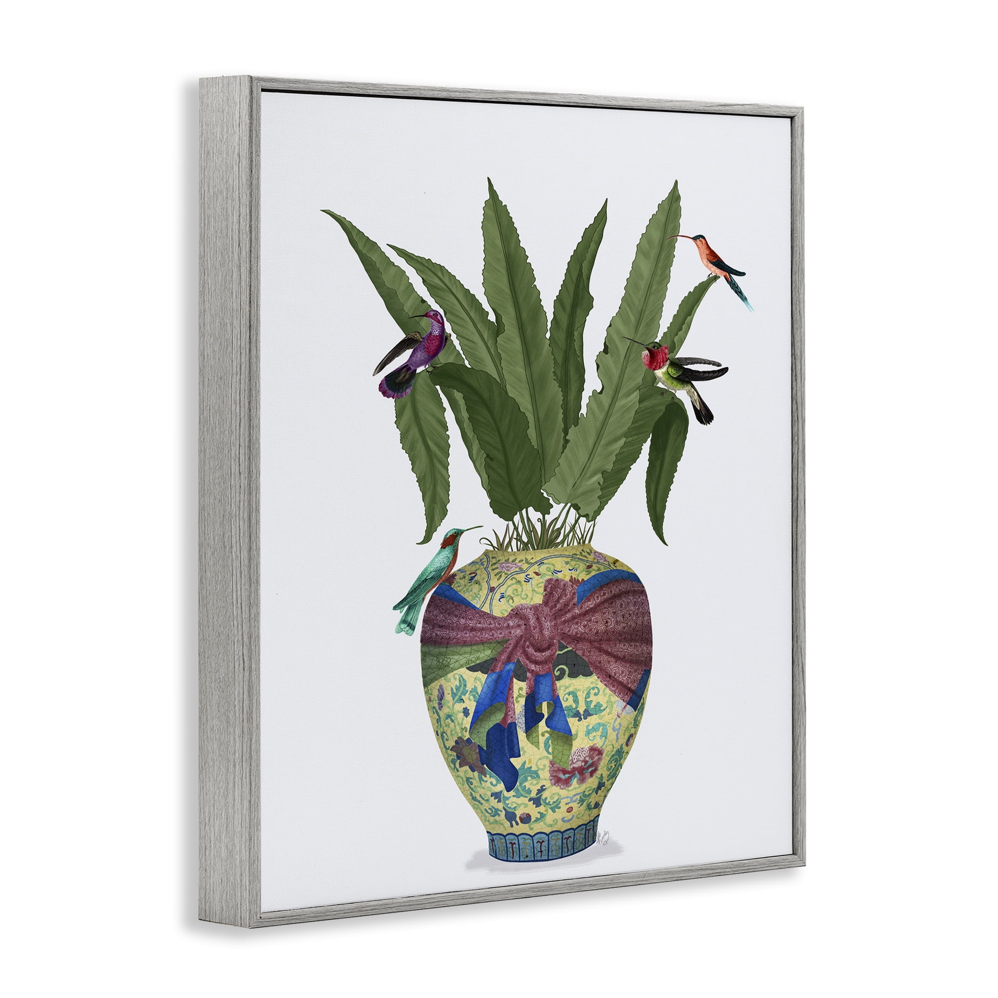 Stupell Industries Traditional Birds on Planter Botanical & Floral Painting Gray Framed Art Print Wall Art, 16 x 20