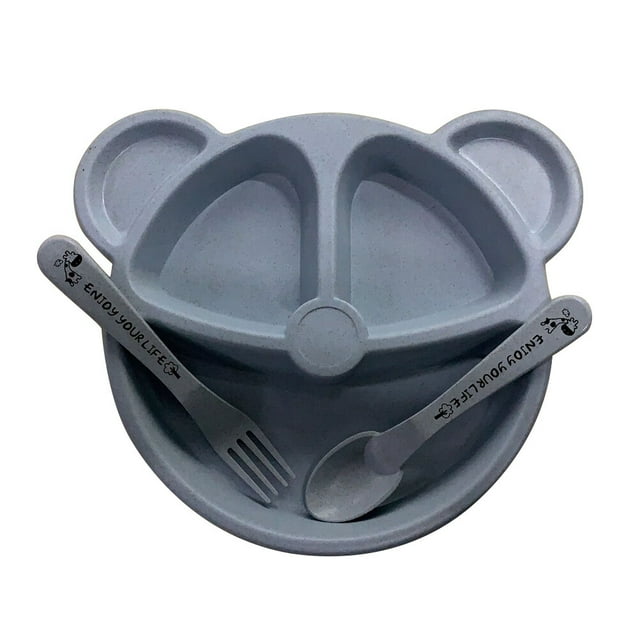 Ensemble de 3 Pcs Assiette Alimentaire Compartimentée en Paille de Blé en Forme d'Ours Plateau de Repas avec Cuillère et Fourchette Bol d'Alimentation pour Enfants (Bleu)