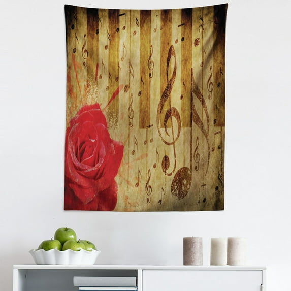 Music Tapestry, Notes and Musical Symbols on Rustic Piano Keyboard Look Backdrop Romantic Rose, Fabric Wall Hanging Decor for Bedroom Living Room Dorm, 5 Sizes, Brown and Red, by Ambesonne