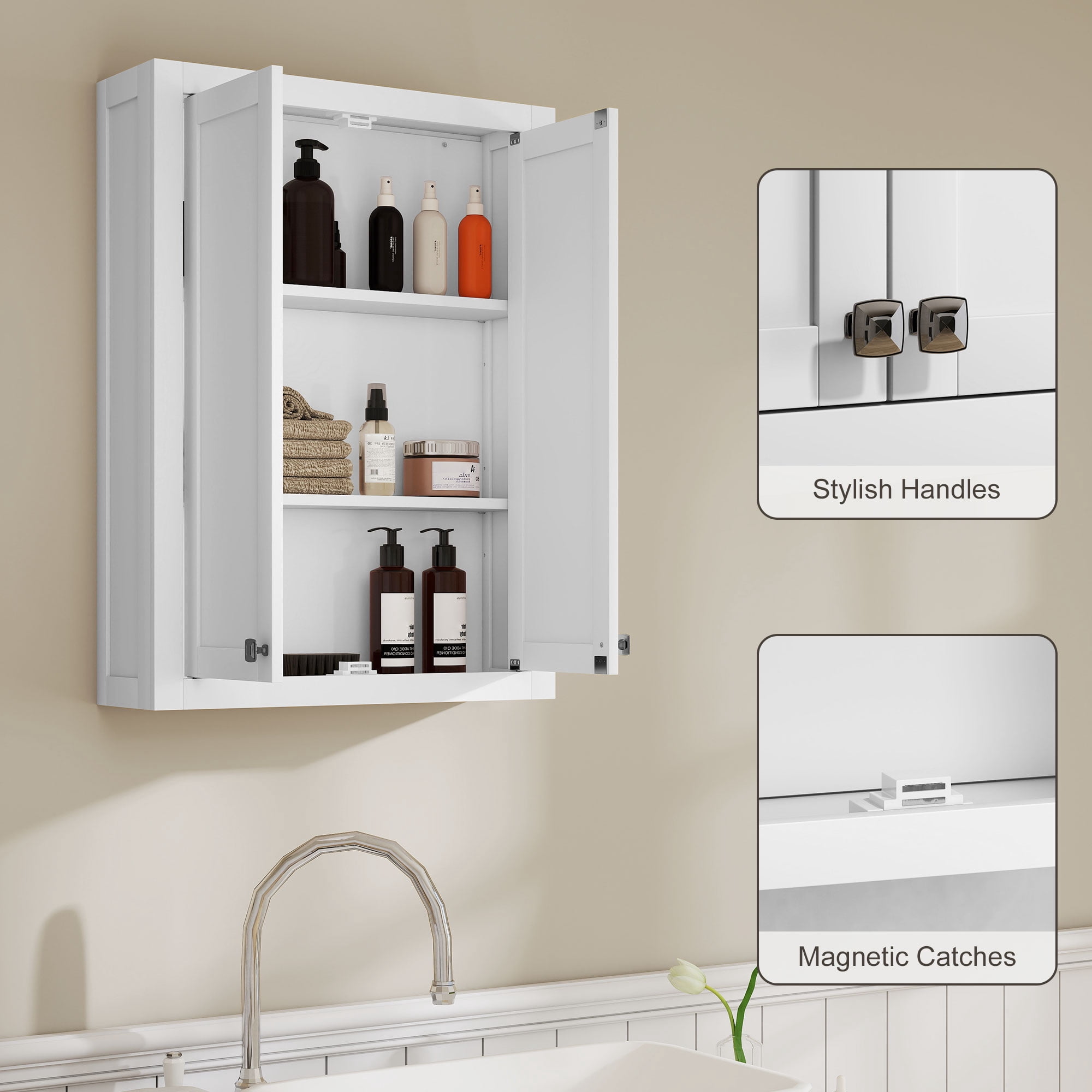 Bathroom Cabinet, Wall-Mounted, White MDF, 24 in W x 7.9 in D x 33.1 in H