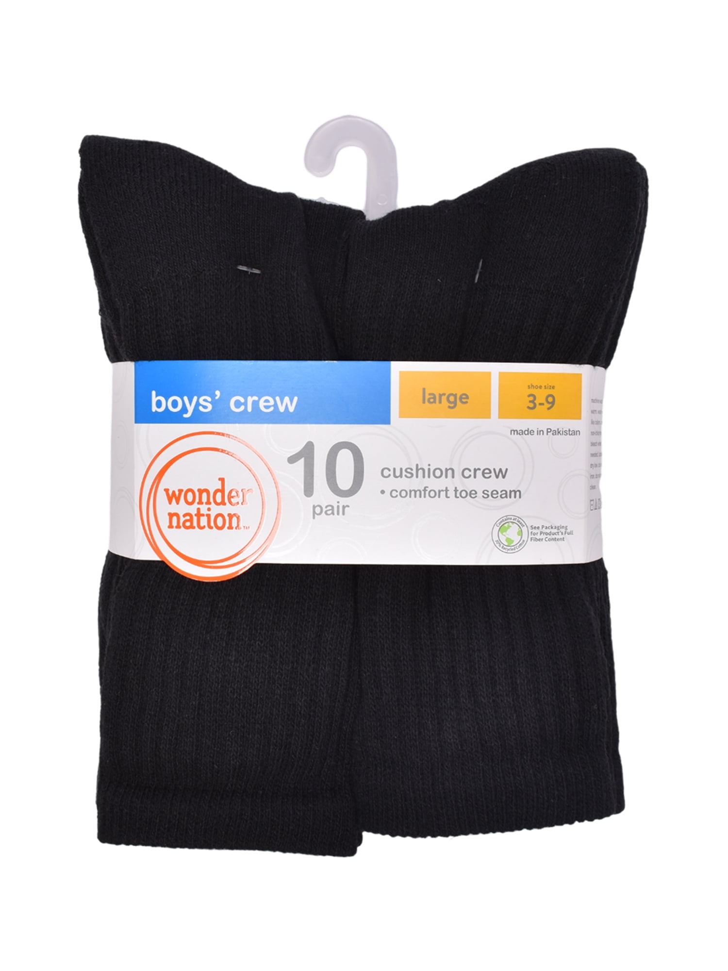 Wonder Nation Boys Cushioned Crew Socks, 10-Pack Sizes S (4-8.5) - L (3-9)