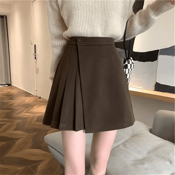 2024 Nuevo Mini Vestido Línea A Estilo Coreano Forma De Pera Suéter De Cuerpo Plisado Falda De Color Café Para Mujeres Otoño/Invierno