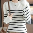 thumbnail image 5 of Women's Striped Long Sleeve Sweater Tops Blouses Crewneck Loose Fit Casual Work Office Vacation Outfits Fashion Essential Gift for Women | CSEONE,White XL, 5 of 8
