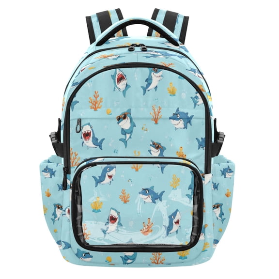 Qxltty Cartoon Coral Shark Backpack School Bookbag with Clear PVC Front Pocket, Laptop Compartment, Water Resistant Travel Daypack for Students