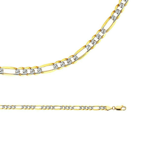 Solid 14k Yellow White Gold Necklace Figaro Chain Diamond Cut Pave Two Tone Light 4.5 mm 20 inch