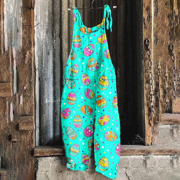 TaTaai Easter Print Cotton Linen Like Women Fashion Loose Wide Leg Jumpsuit Adjustable Straps Pocket Design Full Length Casual Daily Overalls Gift