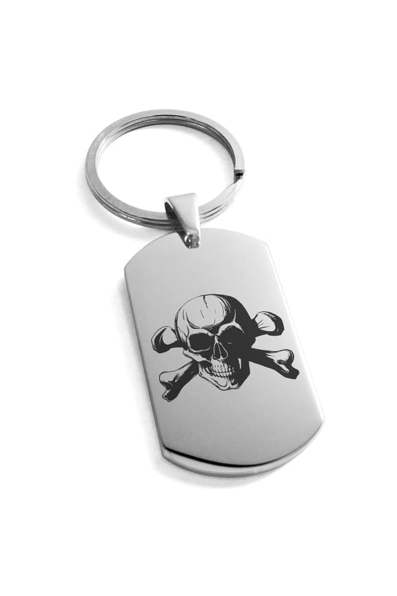 Stainless Steel Iconic Pirate Crossbones Skull Engraved Dog Tag Keychain Keyring