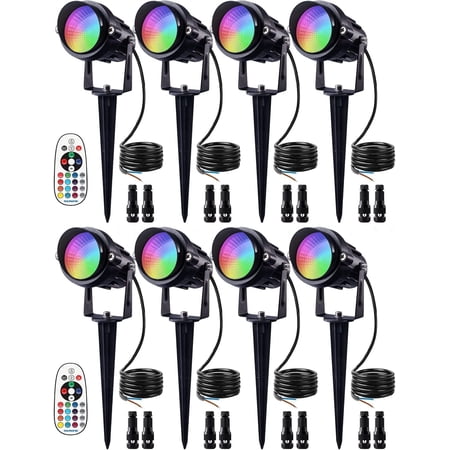 SUNVIE 12W RGB Color Changing Landscape Lights Low Voltage LED Remote Control Spotlight Waterproof Garden Pathway Christmas Decorative Lights Outdoor Indoor, 8 Pack with Connector