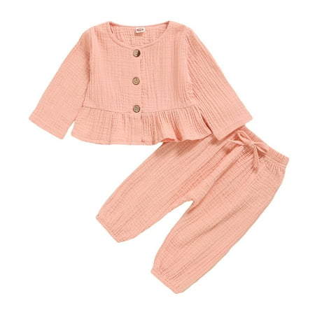 

YDOJG Outfit Set for Toddler Boys Girls Sets Solid Outfits Baby Button Solid Pants Tops With Lacing Linen Outfits Set Pink 12-18 Months