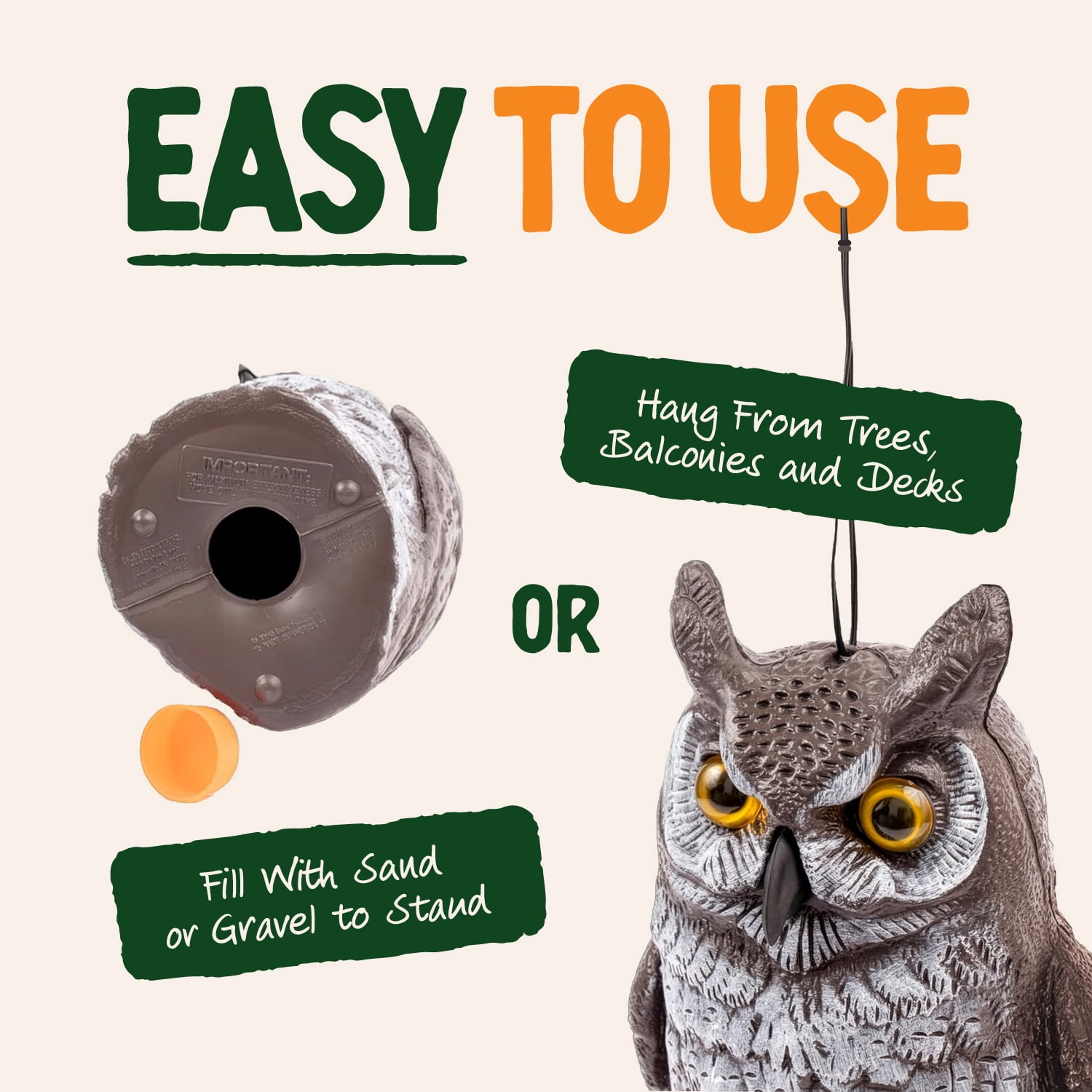 Dalen Fake Owl Decoy to Scare Birds Away from Gardens, Rooftops, and Patios - Scarecrow Provides Chemical-Free Pest Control - Safe and Humane, 16" Great Horned Owl