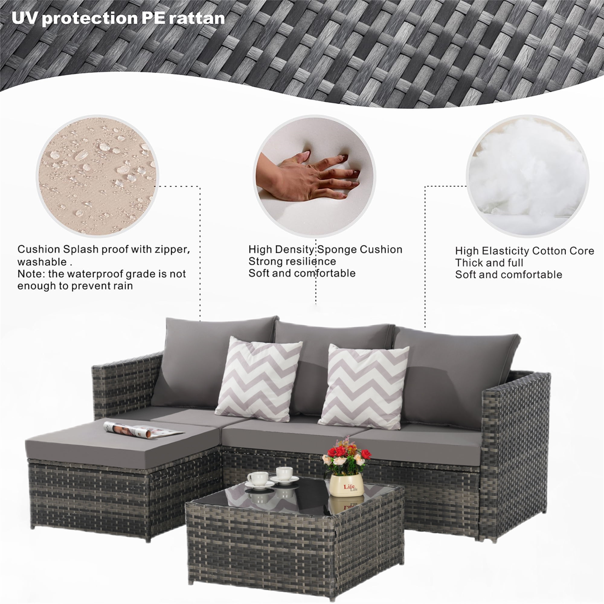 Aukfa Outdoor Patio Furniture Set - L shape Wicker Sectional Sofa with Coffee Table - Gray Cushions