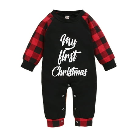 

My First Christmas Infant Baby Girl Boy One Piece Outfit Long Sleeve Letter Print Plaid Patchwork Romper Jumpsuit Xmas Clothes