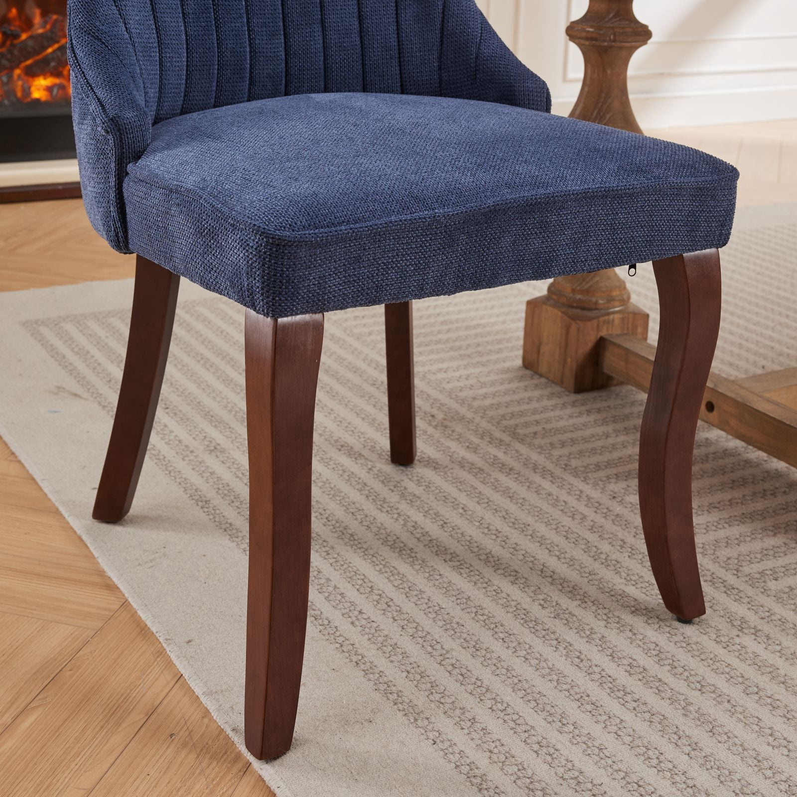 Aukfa Modern Linen Dining Chairs Set of 2, Upholstered Kitchen Side Chair Accent Chair w/ Curved Solid Wood Legs,Blue