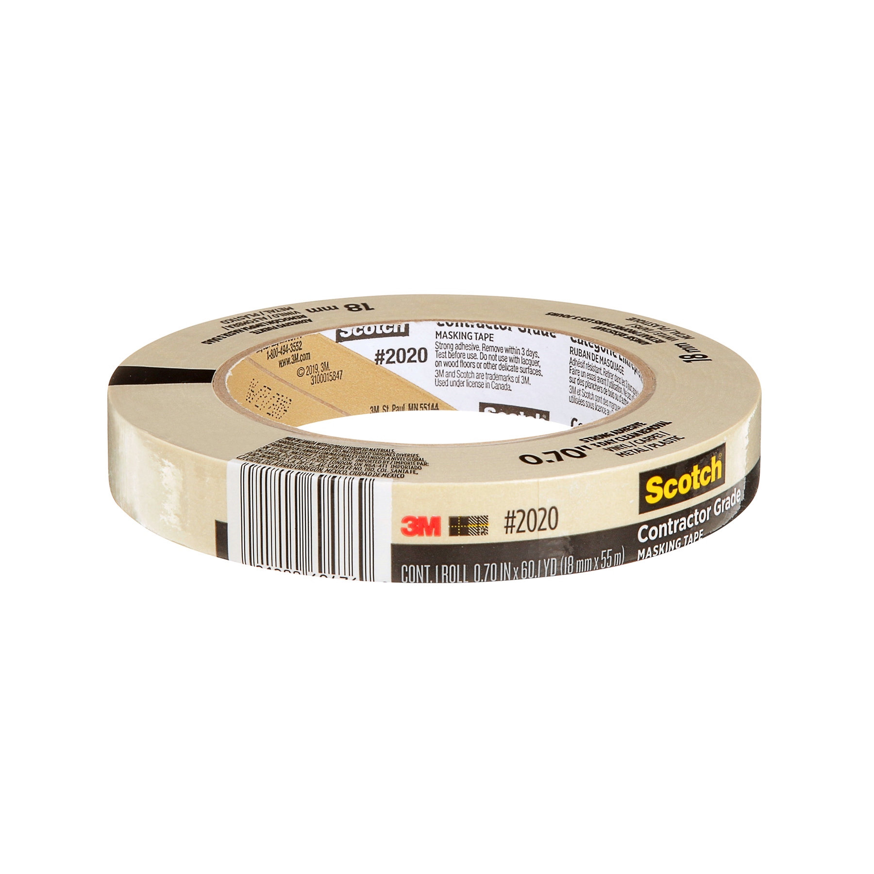 Scotch Contractor Grade Masking Tape, 0.70 in x 60.1 yd (18mm x 55m), Pack of 12